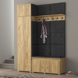 MBCUIAR3 - Set Cuier hol, 154x37x214 cm - 6 agatatori haine, hol, pantofar - culoarea Stejar cu tapiterie Gri / Verde / Albastra