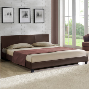 Pat frantuzesc modern tapitat, imitatie de piele, 140 x 200 cm, maro inchis, fara saltea - P49639390