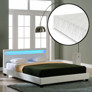 Pat tapitat cu saltea si LED 160x200 cm, alb - P48986634