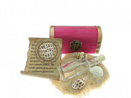Cadou pentru Nasi personalizat mesaj in sticla in cufar mic roz