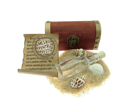 Cadou pentru Pesti personalizat mesaj in sticla in cufar mic maro