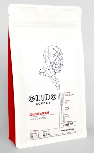 GUIDO Cafea Proaspăt Prăjită COLUMBIA ORIGIN SELECT DECAF, 250g, Note de Caramel și Lemongrass, Corp Delicat și Suculent, Espresso, Metode Alternative si Ibric