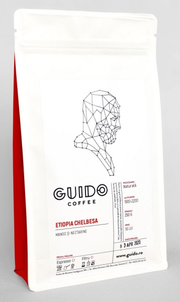 GUIDO Cafea Proaspăt Prăjită ETIOPIA CHELBESA, 250g, Note de mango și nectarine, Corp Mediu și Suculent, Espresso, Filtru si Ibric