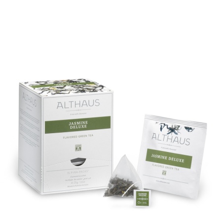 Althaus Pyra Pack Jasmine Deluxe: Ceai Verde cu Iasomie, 15 plicuri in cutie,2,75g ceai in plic din matase