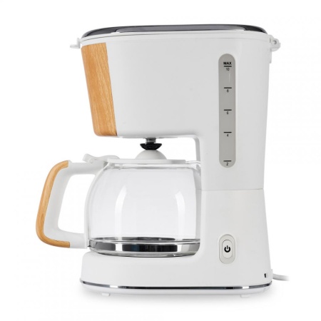 Cafetiera Heinner Soft Wood, 1.25l în rezervor, 900W, portfiltru detasabil. Alb si lemn