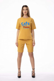 Compleu de damă galben din 2 piese "Cats make me happy"
