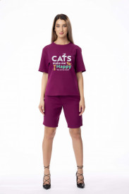 Compleu de damă mov din 2 piese "Cats make me happy"