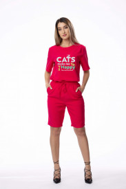 Compleu de damă roșu din 2 piese "Cats make me happy"