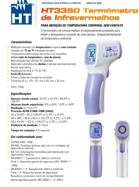 HT3350 TERMÓMETRO DE INFRAVERMELHOS temperatura corporal - Disponível a Partir Junho