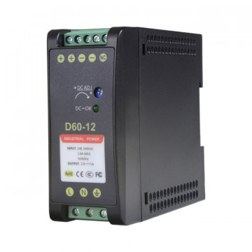 Fonte de alimentação comutada - Saída DC 12 V 5 A / 60 W - 2 saídas - Voltagem entrada 90 V ~ 264 V - 100 (Fo) x 94 (Al) x 40 (An) mm - Montagem em carril DIN