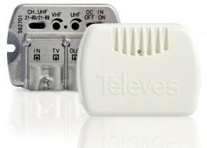 562702 -8424450165829 TELEVES - Amplificador Apartamento NanoKom 1e/2s "EasyF": 47...790/862MHz G 10/23dB Vs 95/103dBµV c/USOS + Alim. Preampl. 12V-150mA