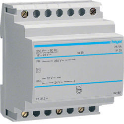 ST312 - Transf. segurança 230V/12-24V 25VA 4M HAGER EAN:3250615703125