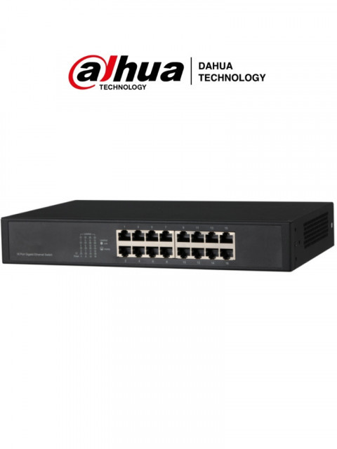 DAHUA DRD6100002 DAHUA DHPFS301616GT - Switch Gigabit de 16 Puertos No Administrable/ Capa 2/ 10/100/1000 Base-T/ Carcasa Metalica/ Switching 32G/ Tasa de Reenvio de Paquetes 23.8 Mbps/ Memoria Bufer de Paquetes 2Mb/ Con Proteccion de Descargas/