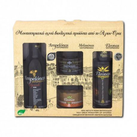 Pachet cadou -1 sticla vin rosu 187 ml, ulei 100 ml, miere 100 gr, pasta masline 100 gr - Manastirea Vatoped - Sf. Munte Athos