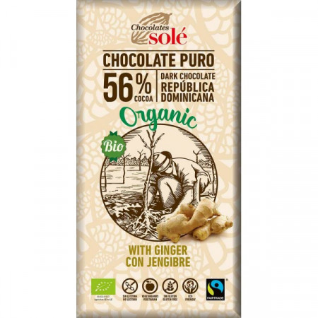 Ciocolata neagra BIO cu ghimbir, 56% cacao, 100 gr Chocolates Sole