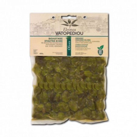 Masline BIO verzi in vid cu ulei de masline, coriandru, usturoi si lamaie, 400 gr - Sfantul Munte Athos - Manastirea Vatoped