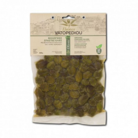 Masline sparte BIO verzi cu ulei de masline si lamaie, 400 gr - Sfantul Munte Athos - Manastirea Vatoped