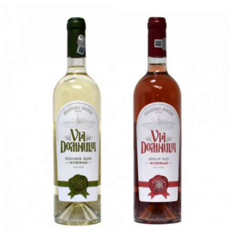 Pachet promotional cu 2 vinuri seci - Via Domnului - Vin Sauvignion Blanc alb sec + Vin Merlot Roze sec