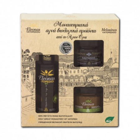 Pachet cadou - 1 sticla ulei 100 ml, miere 100 gr, pasta masline 100 gr - Manastirea Vatoped - Sf. Munte Athos