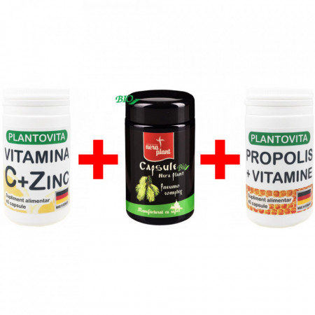 Pachet Super Imunitate: Vitamina C si Zinc + Capsule Pneumo Nera Plant + Propolis si Vitamine