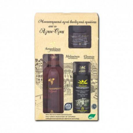 Pachet cadou -1 sticla vin roze 187 ml, ulei 100 ml, miere 100 gr - Manastirea Vatoped - Sf. Munte Athos