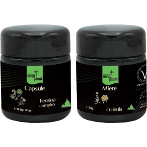 Pachet promoțional ''Feminitate". Capsule Nera Plant BIO Femina Complex, 30 capsule + Miere BIO Nera Plant cu Inula, 70g