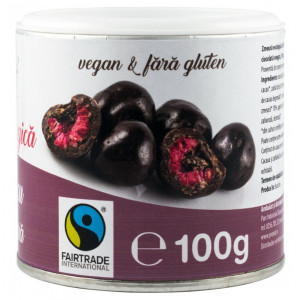 ZMEURA GLAZURATA CU CIOCOLATA NEAGRA BIO, 100 G