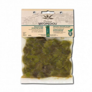 Masline BIO verzi in vid cu ulei de masline, coriandru, usturoi si lamaie, 200 gr - Sfantul Munte Athos - Manastirea Vatoped