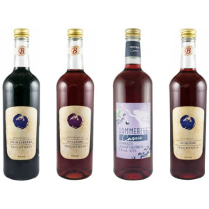 Pachet 4 vinuri fructe: Vin coacaze negre + Vin afine + Vin prune + Vin porumbe