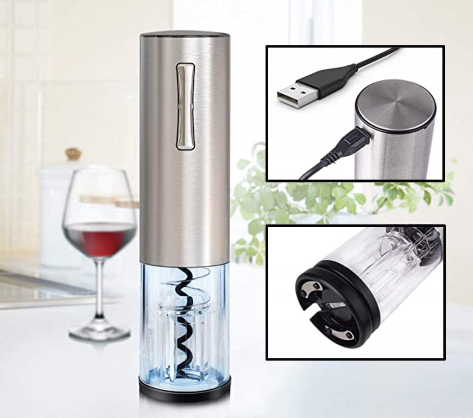 Set tirbuson electric si accesorii vin, awwaline, argintiu, 4 piese, incarcare USB