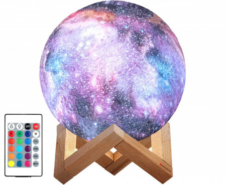 Lampa de veghe multicolor, awwaline, model luna 3D, 7 efecte, reincarcabila, portabila, suport lemn