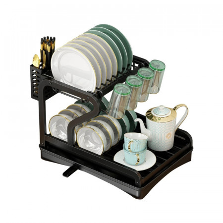Scurgator vase cu suport de tacamuri si pahare, awwaline, negru, 2 niveluri, tava scurgere, 42 x 30 x 31.5 cm