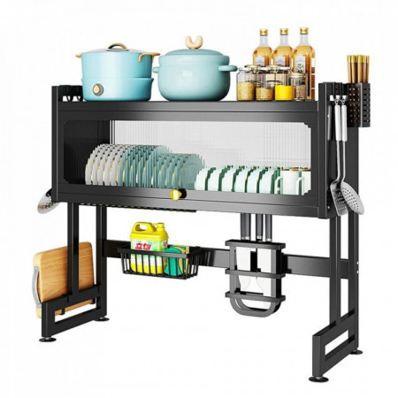 Scurgator vase deasupra chiuvetei cu usa, awwaline, negru, 2 niveluri, cu suport tacamuri, 85 x 30 x 80 cm