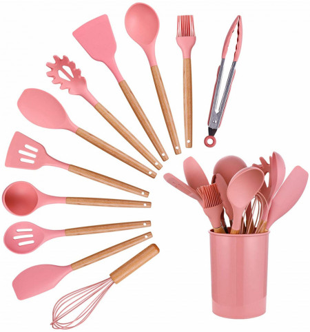 Set 12 ustensile de gatit din silicon, awwaline, maner rezistent din bambus, roz