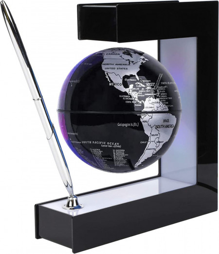 Glob pamantesc magnetic plutitor cu iluminare LED, awwaline, negru, 17.3 cm x 19.5 cm x 5 cm, prevazut cu pix cromat si suport