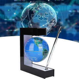 Glob pamantesc magnetic plutitor cu iluminare LED, awwaline, negru, 17.3 cm x 19.5 cm x 5 cm, prevazut cu pix cromat si suport