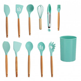 Set 12 ustensile de gatit din silicon, awwaline, maner rezistent din bambus, verde