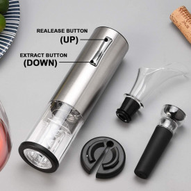 Set tirbuson electric si accesorii vin, awwaline, argintiu, 4 piese, incarcare USB