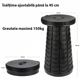 Scaun rotund retractabil, awwaline®, negru, extensibil, pliabil, portabil, ideal pentru activitati outdoor, camping, pescuit