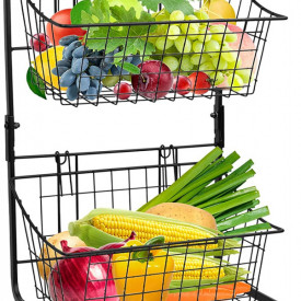 Cos multifunctional cu 2 etaje, awwaline, negru, metalic, 26 cm x 17.8 cm x 47.5 cm, ideal pentru fructe, legume, condimente