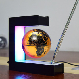 Glob pamantesc magnetic plutitor cu iluminare LED, awwaline, auriu, 17.3 cm x 19.5 cm x 5 cm, prevazut cu pix cromat si suport