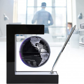 Glob pamantesc magnetic plutitor cu iluminare LED, awwaline, negru, 17.3 cm x 19.5 cm x 5 cm, prevazut cu pix cromat si suport