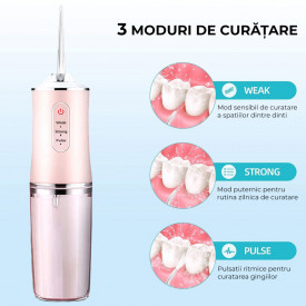 Irigator oral pentru dus bucal, awwaline®, Ultra-Portabil, 4 Capete Curatare, Rezervor 220 ml, roz