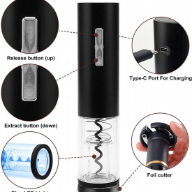 Set tirbuson electric USB si accesoriu taiere sigiliu, awwaline, negru