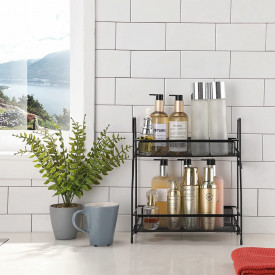 Suport organizator multifunctional cu 2 etaje, awwaline, negru, metalic, ideal pentru condimente, cosmetice