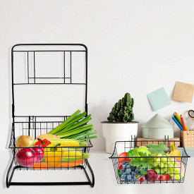 Cos multifunctional cu 2 etaje, awwaline, negru, metalic, 26 cm x 17.8 cm x 47.5 cm, ideal pentru fructe, legume, condimente