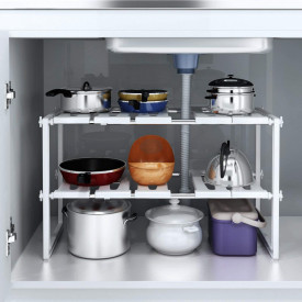 Raft orgnizator extensibil cu 2 etaje, awwaline, alb, 38-70 x 26 x 38 cm, ideal pentru spatiul de sub chiuveta