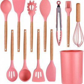 Set 12 ustensile de gatit din silicon, awwaline, maner rezistent din bambus, roz