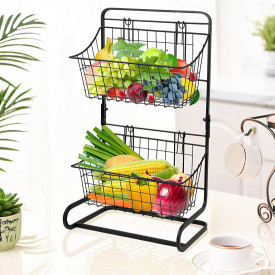 Cos multifunctional cu 2 etaje, awwaline, negru, metalic, 26 cm x 17.8 cm x 47.5 cm, ideal pentru fructe, legume, condimente