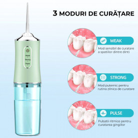 Irigator oral pentru dus bucal, awwaline®, Ultra-Portabil, 4 Capete Curatare, Rezervor 220 ml, verde